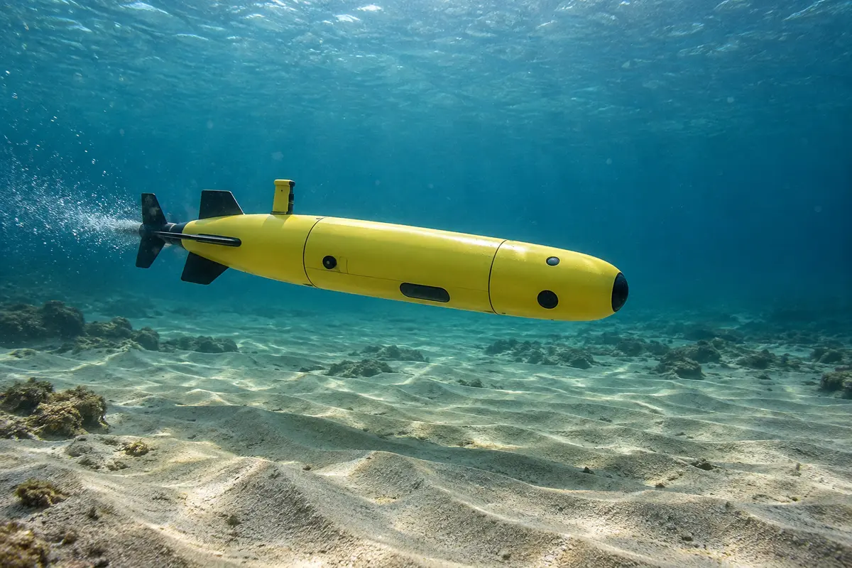 Autonomous underwater vehicle above a sandy seabed