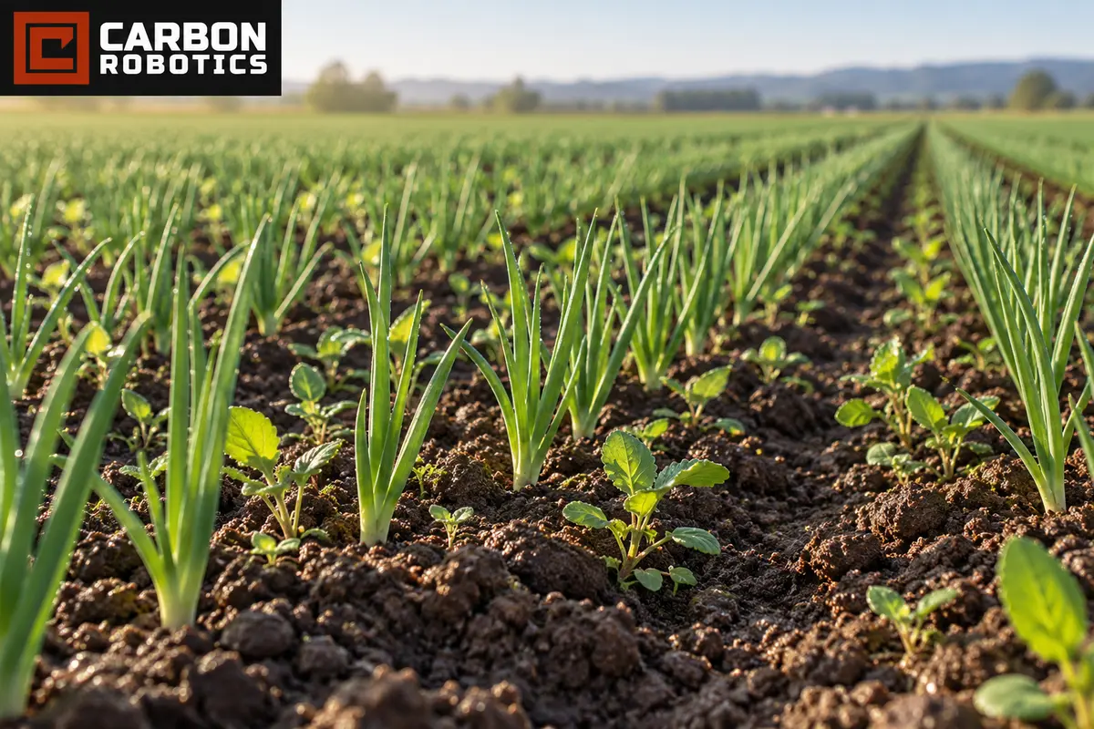 Young crops and weeds share cultivated soil