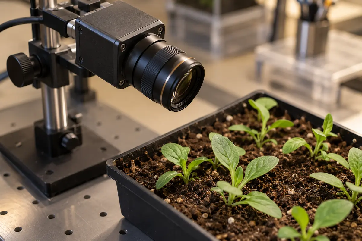Camera inspects seedlings on a research bench