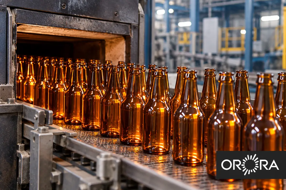 Beverage bottles on a glassmaking conveyor